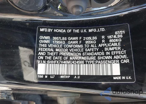 2021 Honda Civic Sport from USA, damaged, VIN SHHFK7H46MU424566